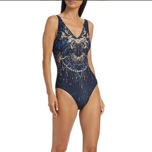 Johnny Was Supernova Vneck Bathing Suit in Navy Blue NWT